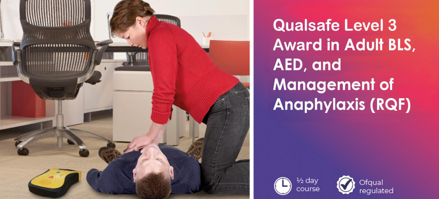 First aid response with office worker giving CPR during emergency
